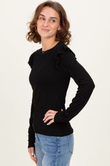 Black Ribbed Knit Ruffle Detail Long Sleeve Top