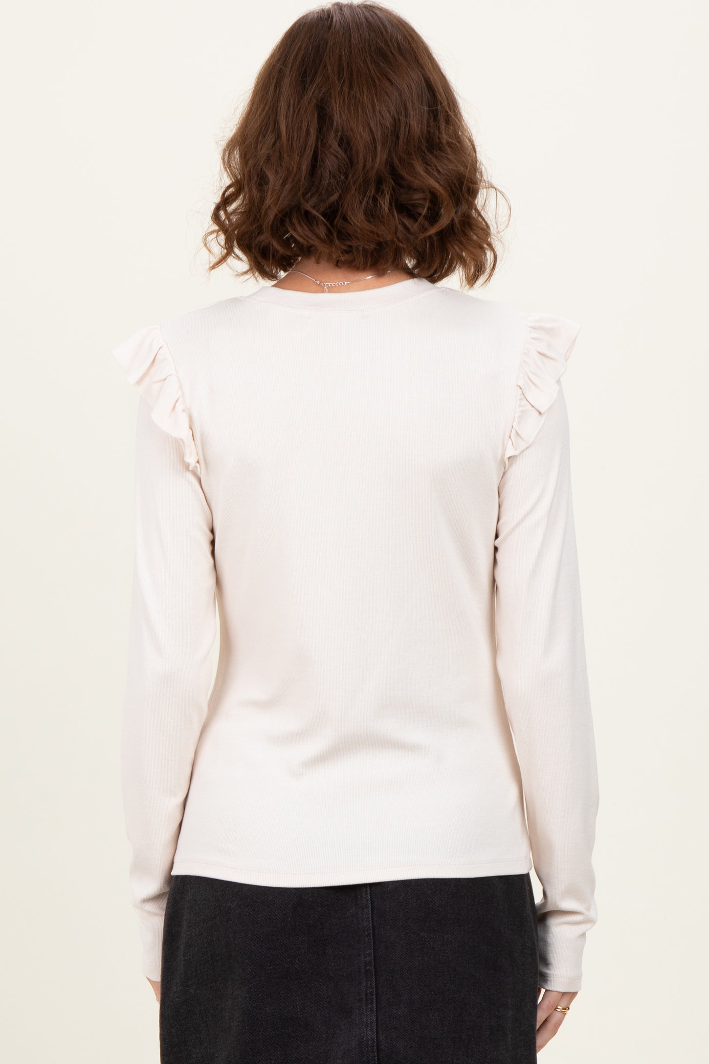 Cream Ribbed Knit Ruffle Detail Long Sleeve Top