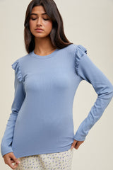 Blue Ribbed Knit Ruffle Detail Maternity Long Sleeve Top