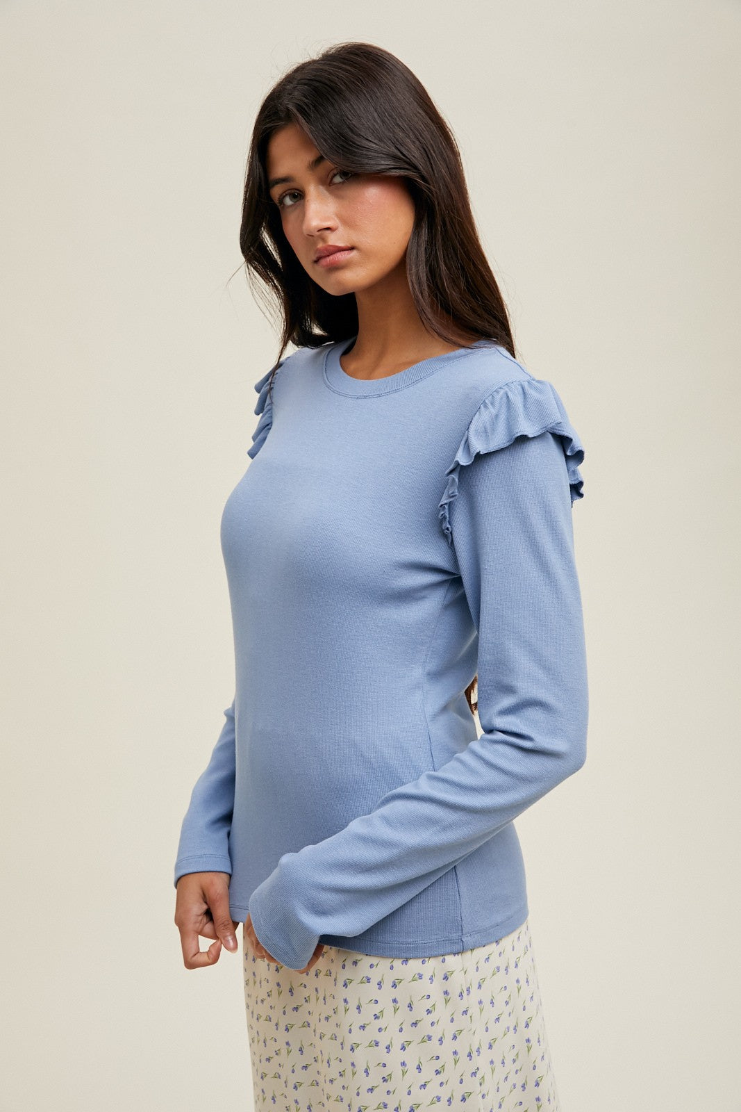Blue Ribbed Knit Ruffle Detail Long Sleeve Top