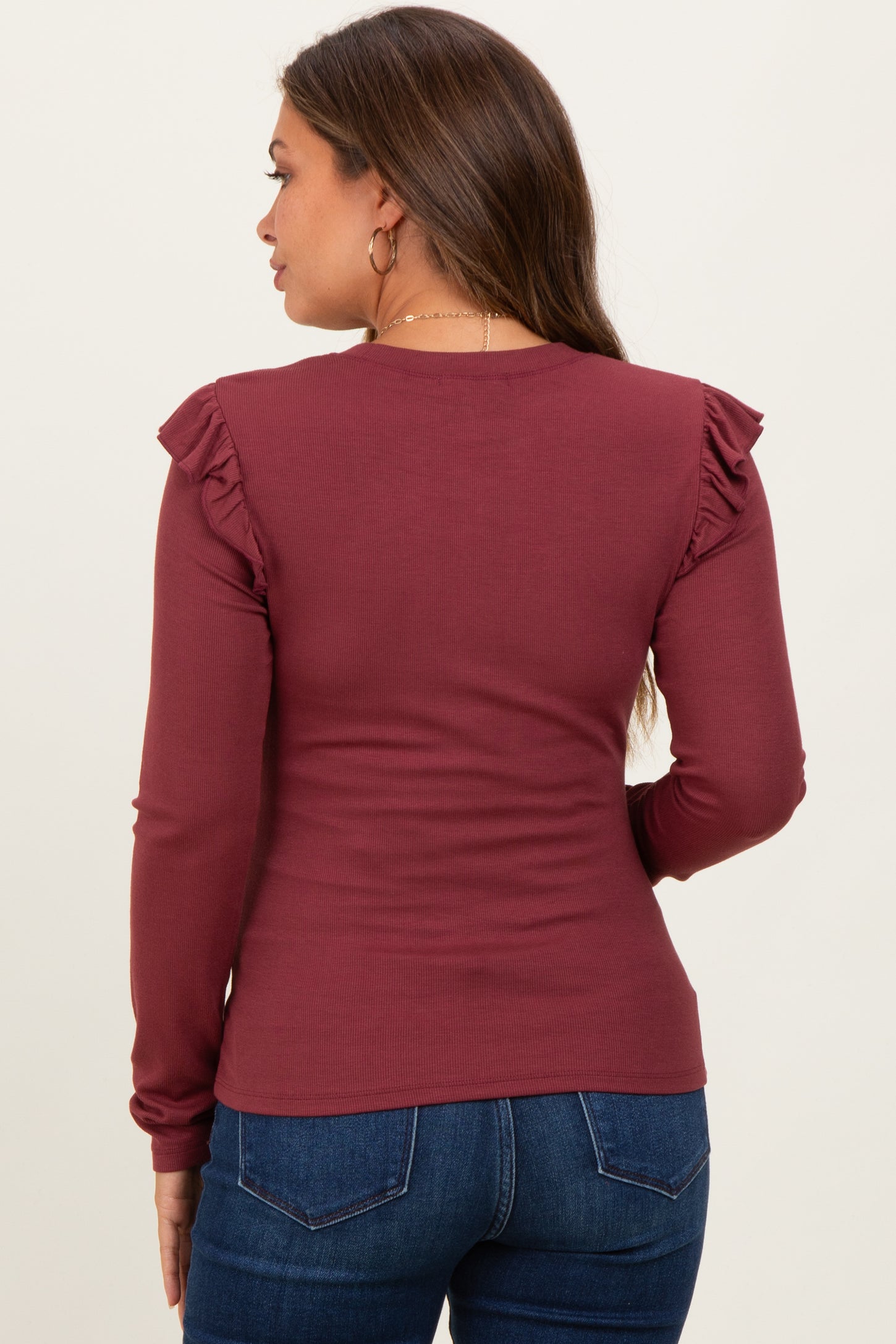 Burgundy Ribbed Knit Ruffle Detail Maternity Long Sleeve Top