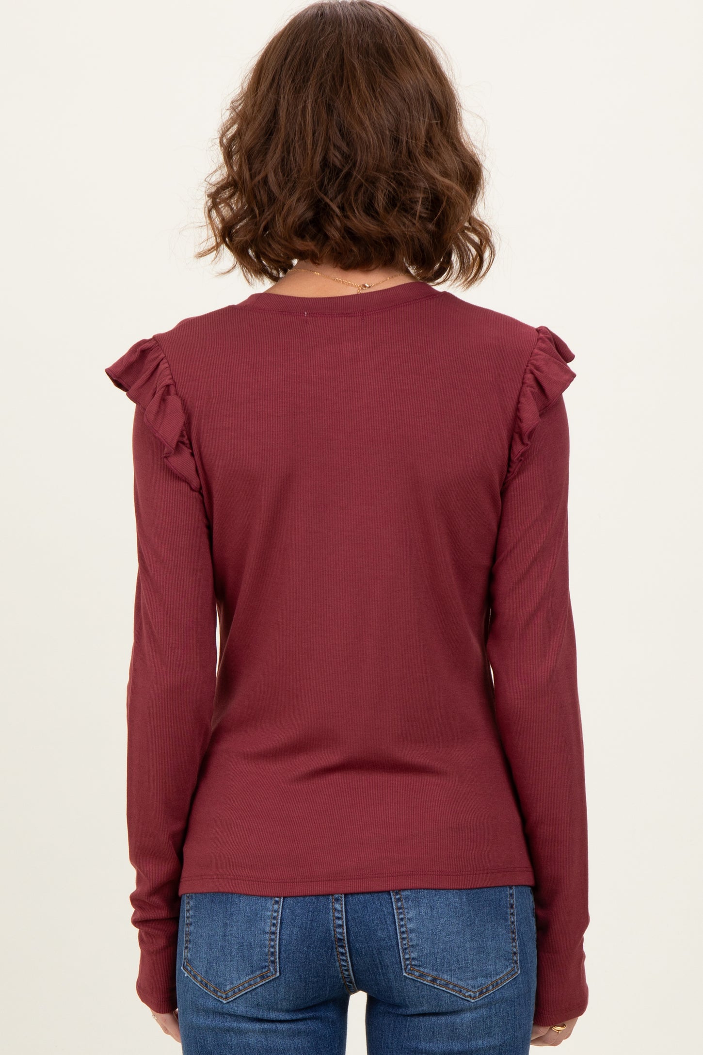 Burgundy Ribbed Knit Ruffle Detail Long Sleeve Top