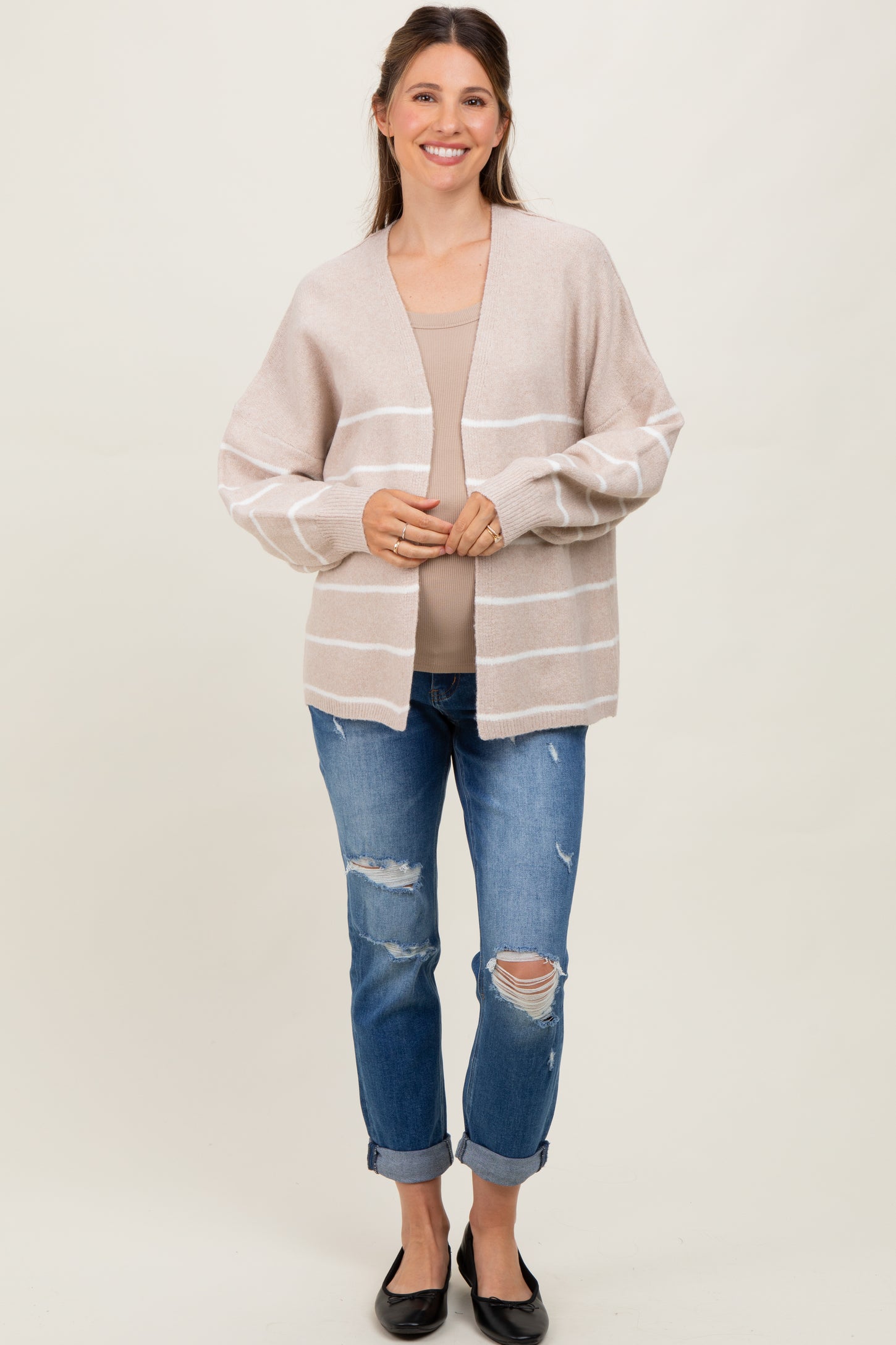 Taupe Striped Oversized Maternity Cardigan