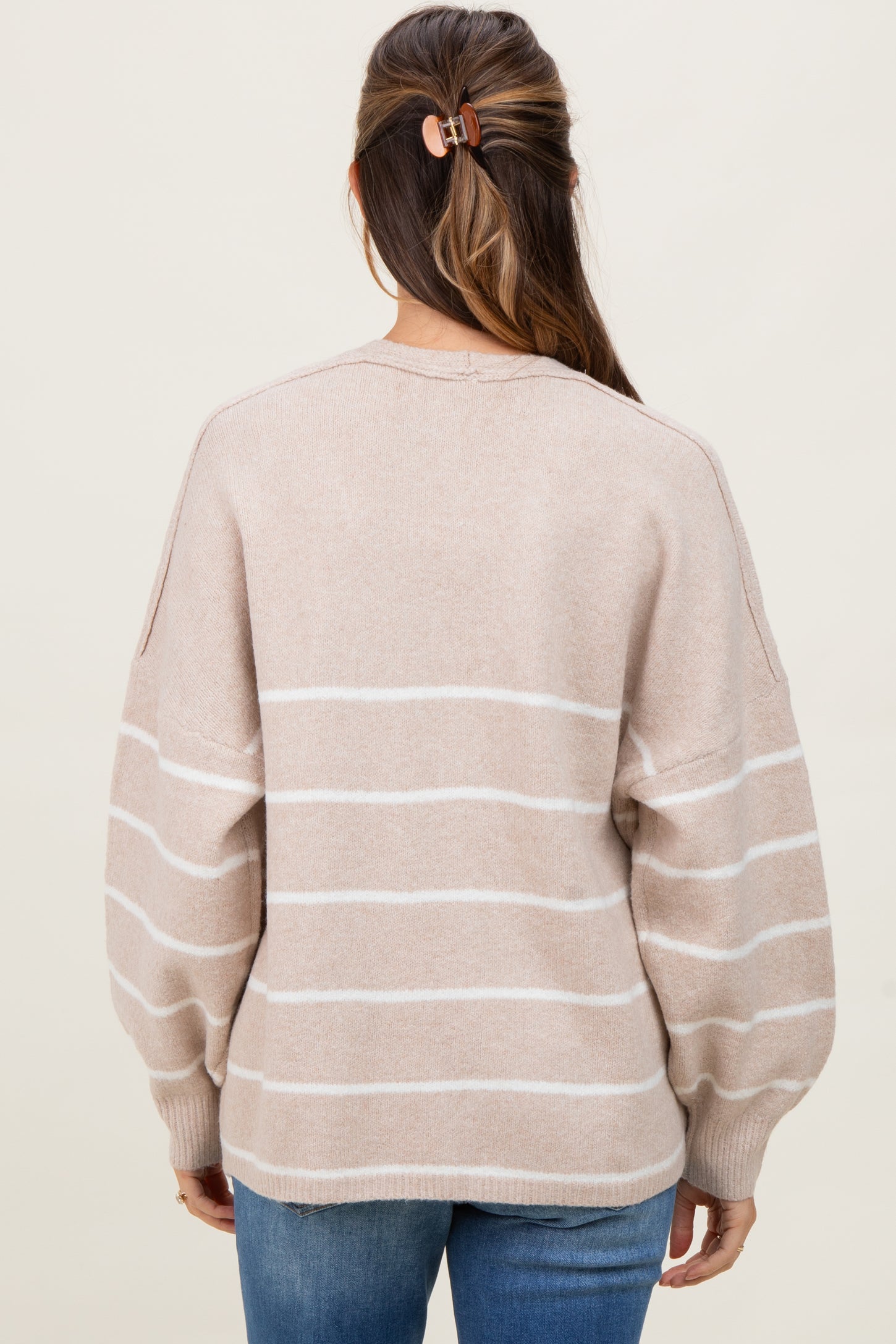 Taupe Striped Oversized Maternity Cardigan
