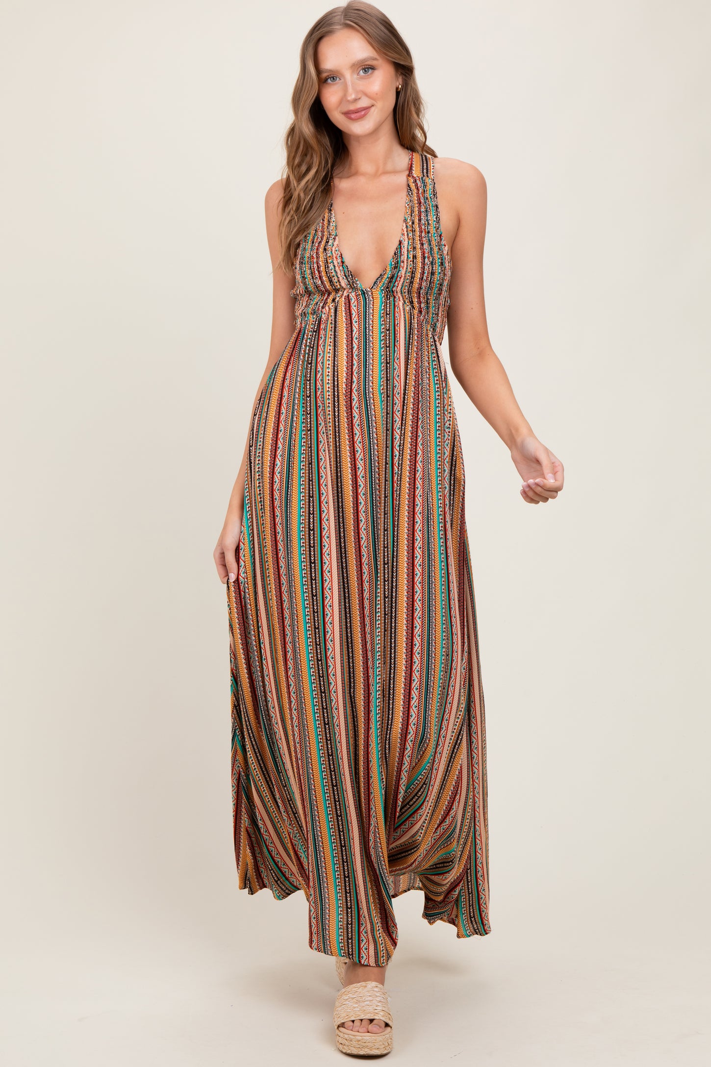 Multicolor Printed Halter Tie Back Cutout Maternity Maxi Dress