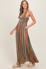 Multicolor Printed Halter Tie Back Cutout Maxi Dress
