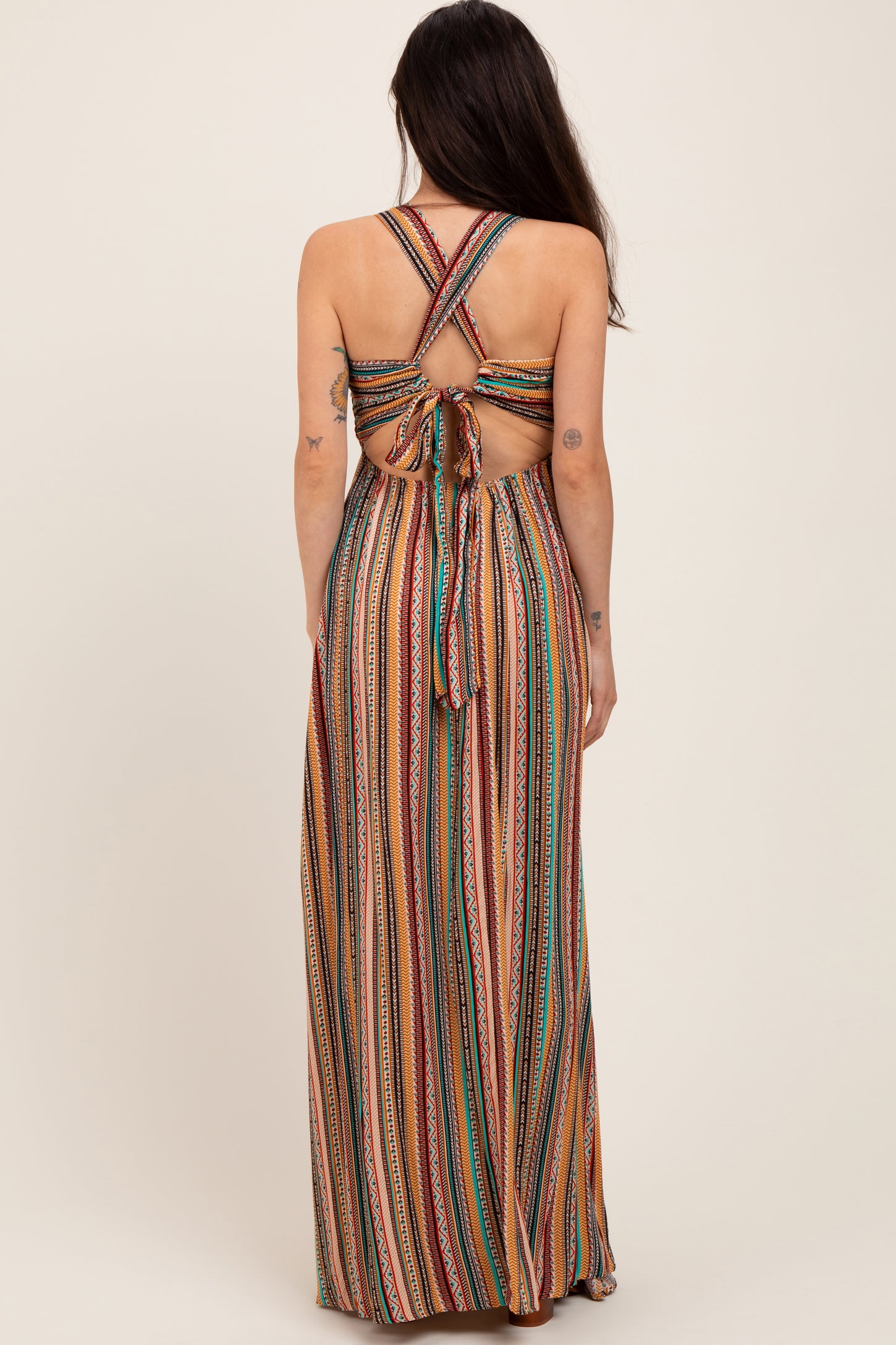 Multicolor Printed Halter Tie Back Cutout Maternity Maxi Dress