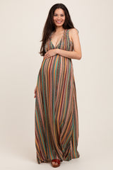 Multicolor Printed Halter Tie Back Cutout Maternity Maxi Dress