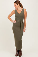 Olive Sleeveless Ribbed Belted Midi Maternity Dress