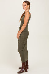 Olive Sleeveless Ribbed Belted Midi Maternity Dress