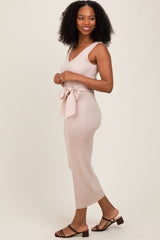 Beige Sleeveless Ribbed Belted Midi Maternity Dress