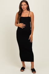 Black Rib Knit Off Shoulder Fitted Maternity Midi Dress
