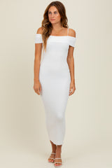 Ivory Rib Knit Off Shoulder Fitted Midi Dress