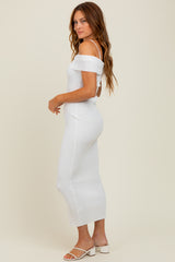 Ivory Rib Knit Off Shoulder Fitted Midi Dress