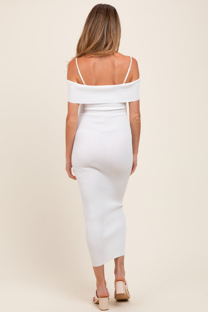Ivory Rib Knit Off Shoulder Fitted Maternity Midi Dress