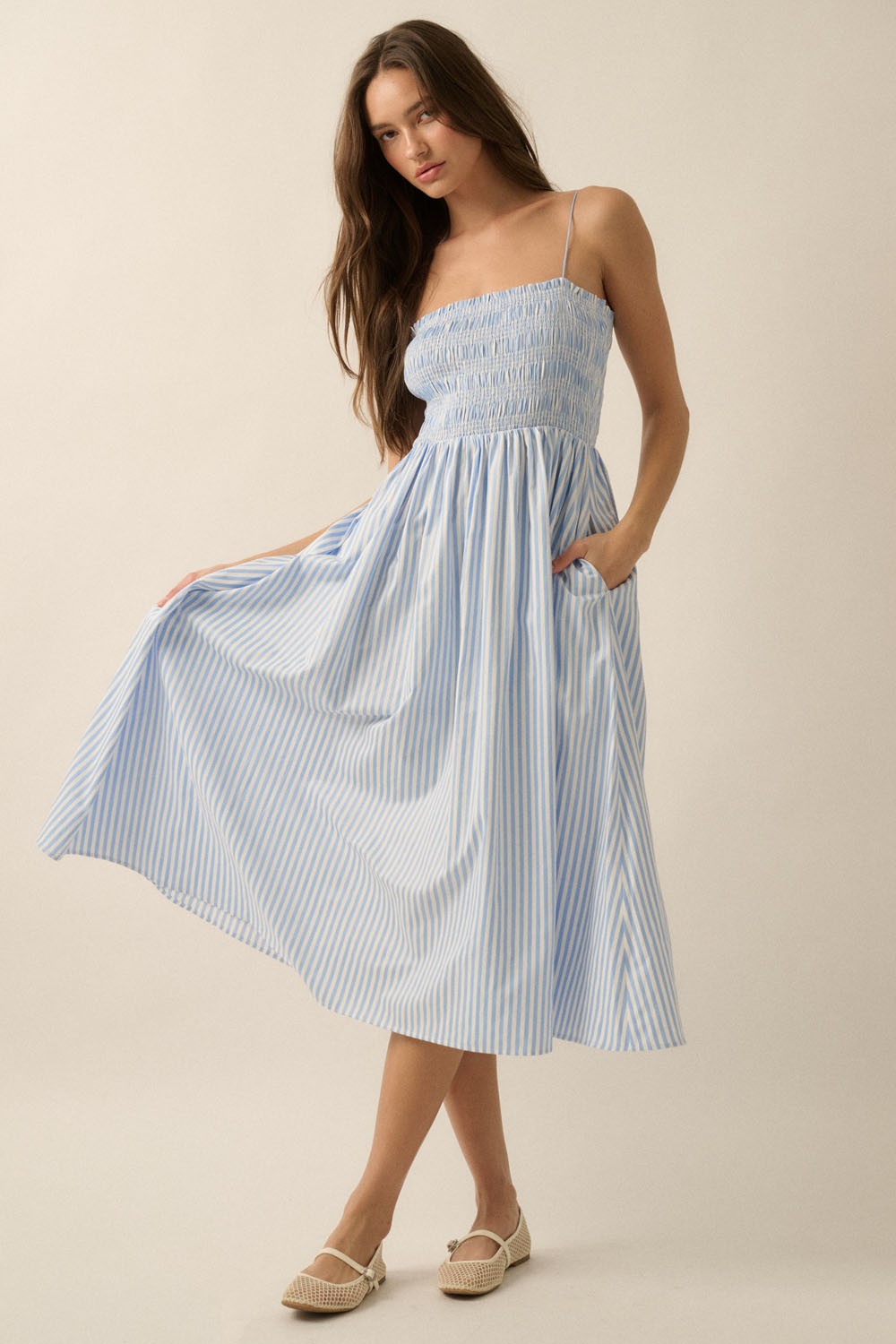 Blue Striped Smocked Maternity Midi Dress