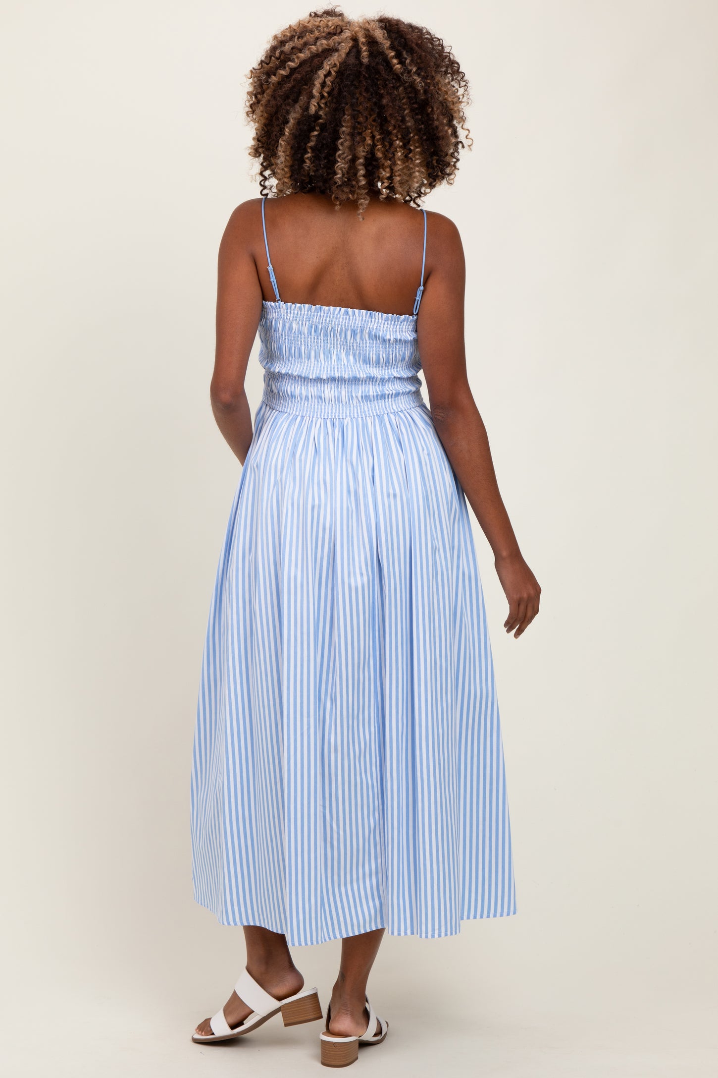 Blue Striped Smocked Maternity Midi Dress