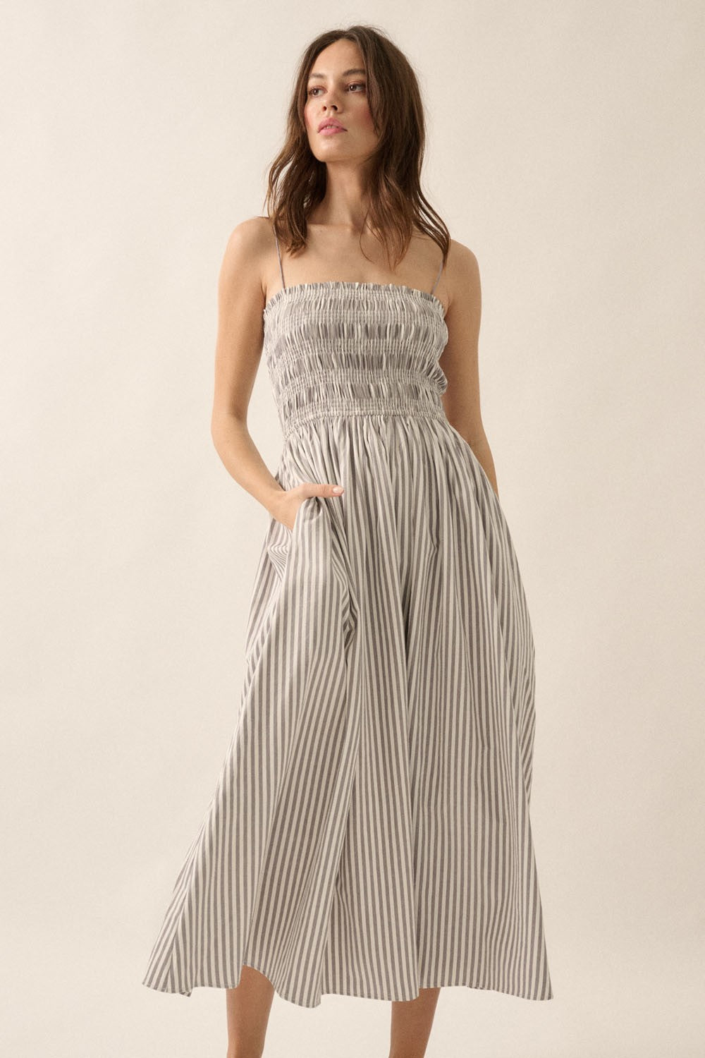 Black Striped Smocked Midi Dress