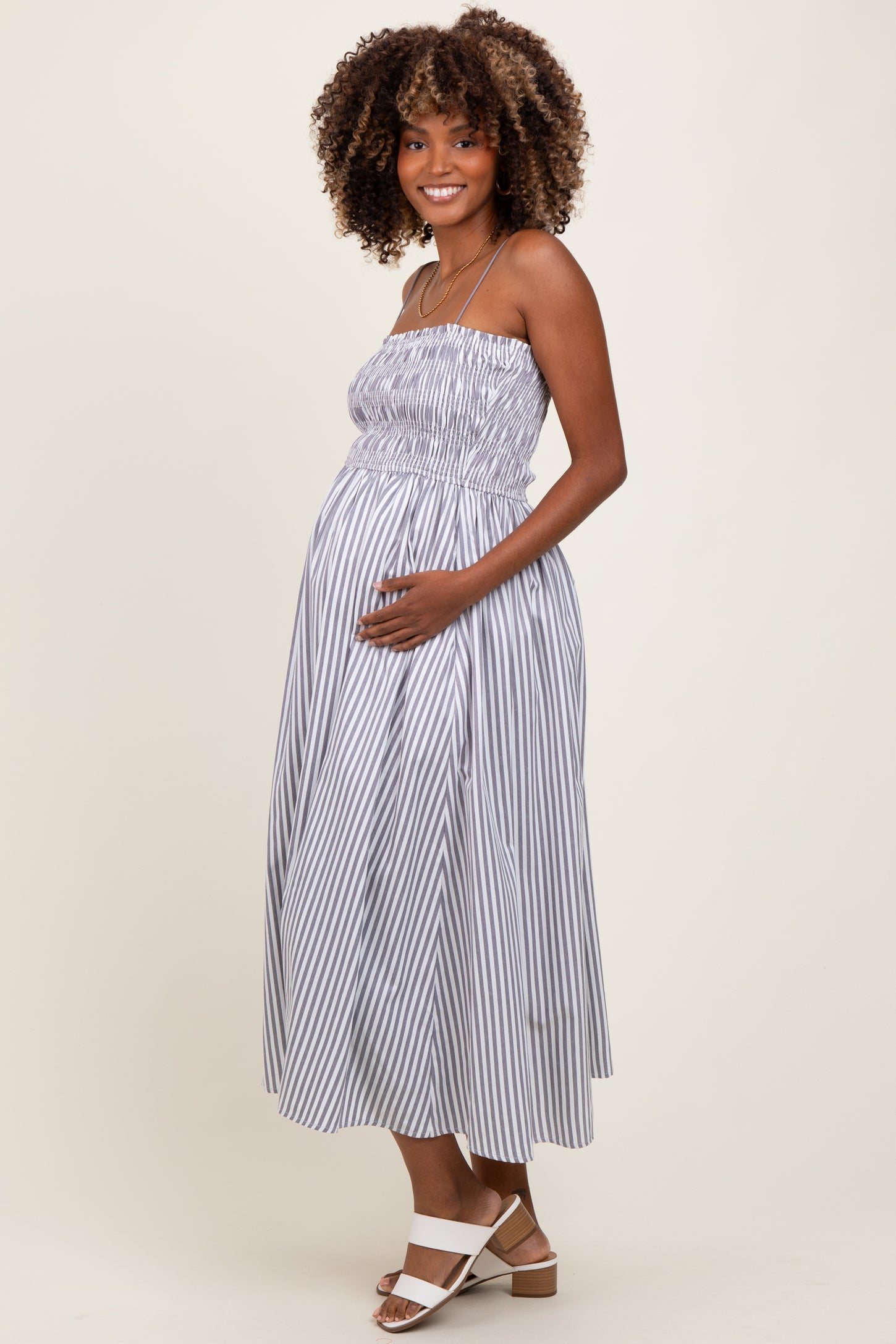Black Striped Smocked Maternity Midi Dress