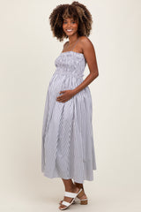 Black Striped Smocked Maternity Midi Dress