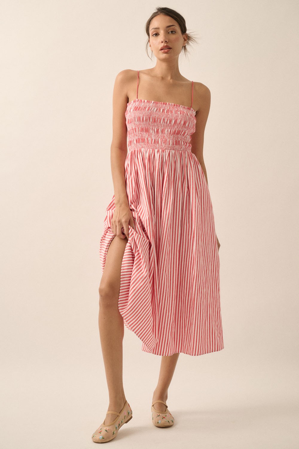 Red Striped Smocked Maternity Midi Dress