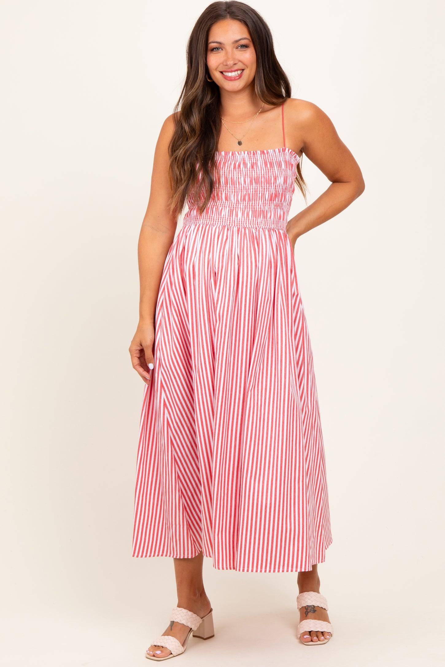 Red Striped Smocked Maternity Midi Dress