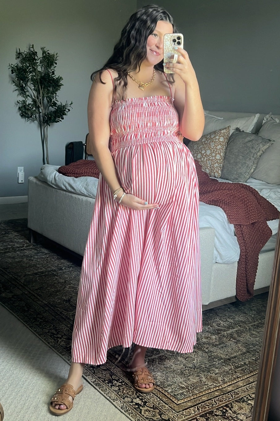 Red Striped Smocked Maternity Midi Dress