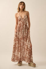 Taupe Floral Ruched V-Neck Halter Maxi Dress