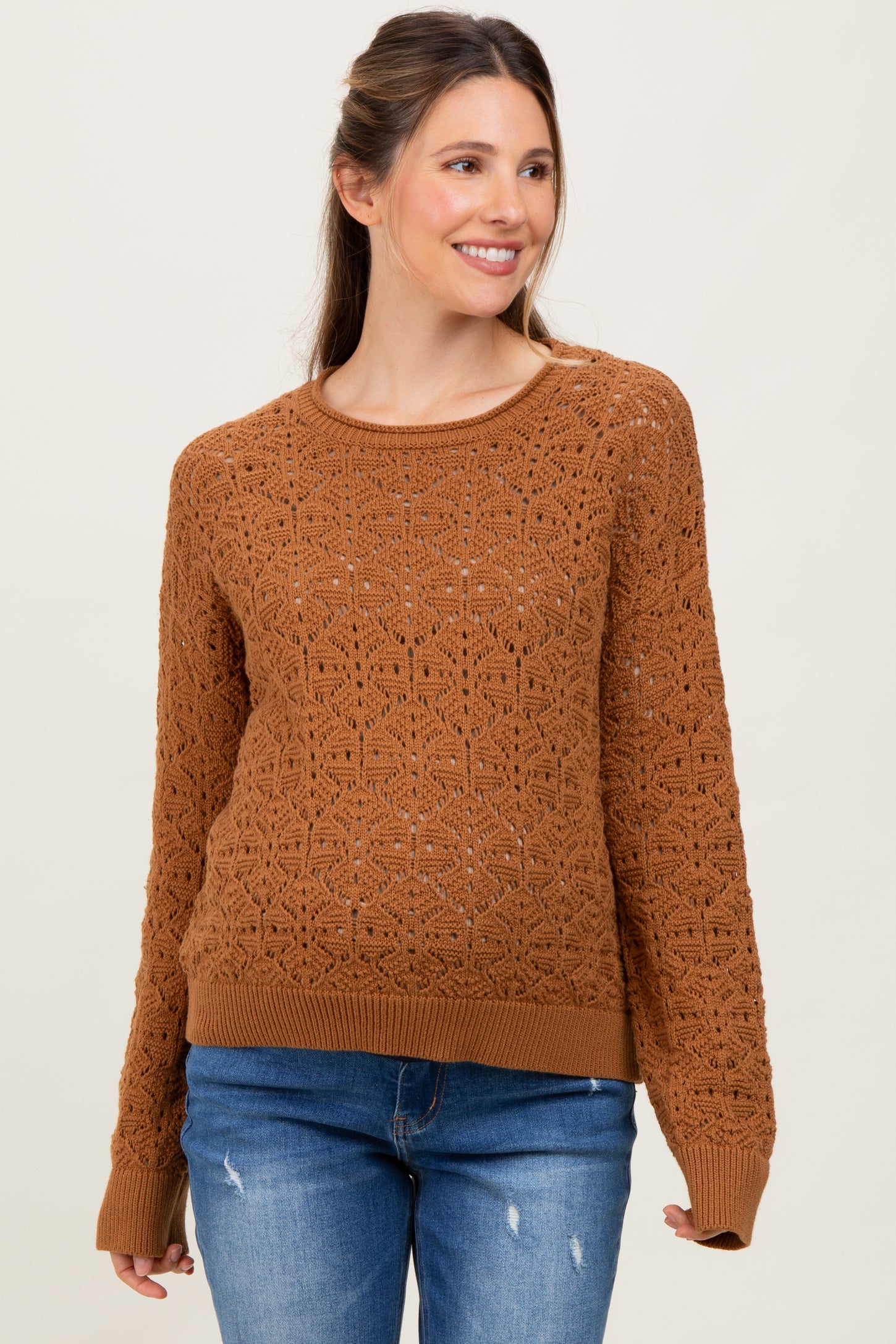 Camel Crochet Knit Drop Shoulder Maternity Sweater