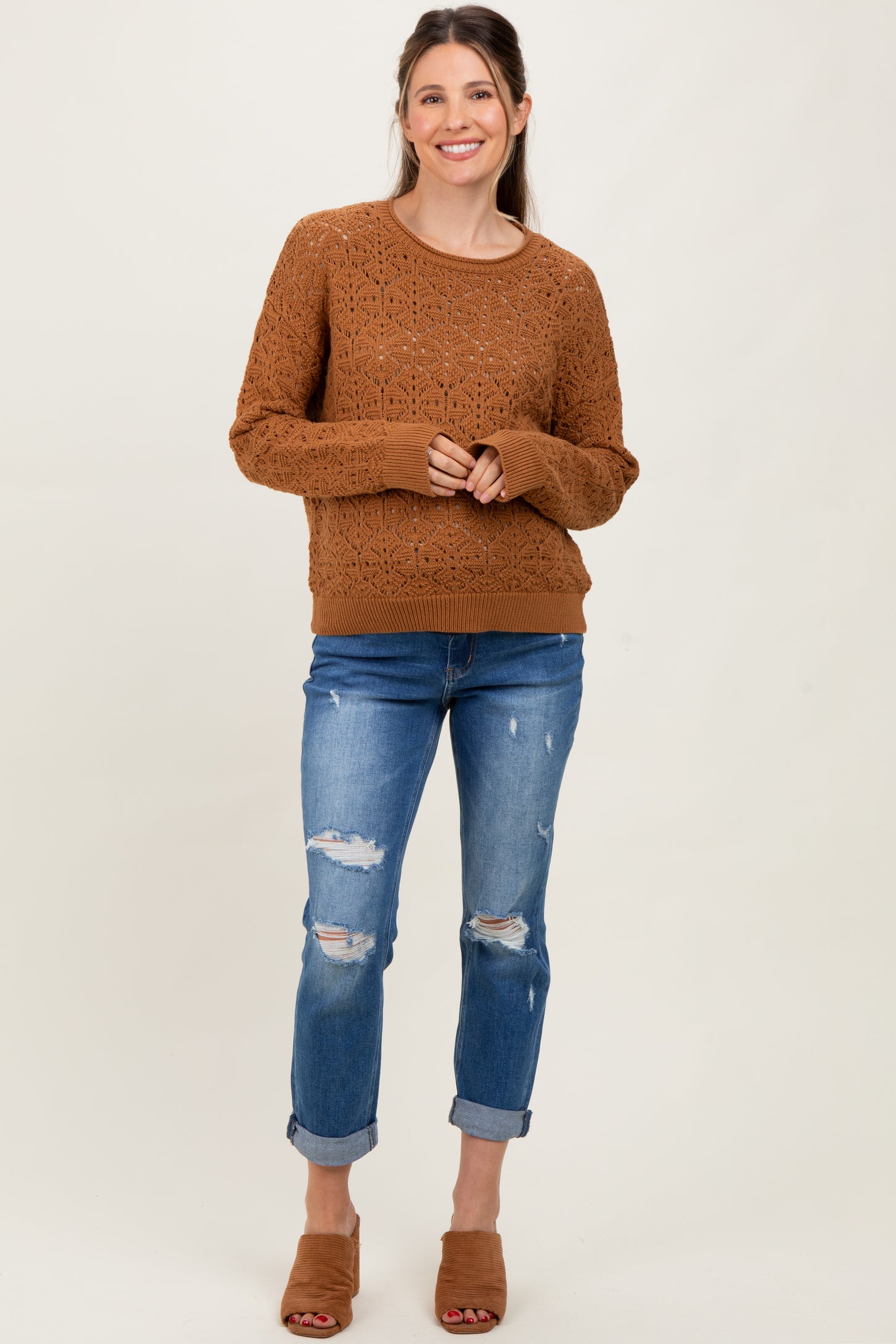Camel Crochet Knit Drop Shoulder Maternity Sweater