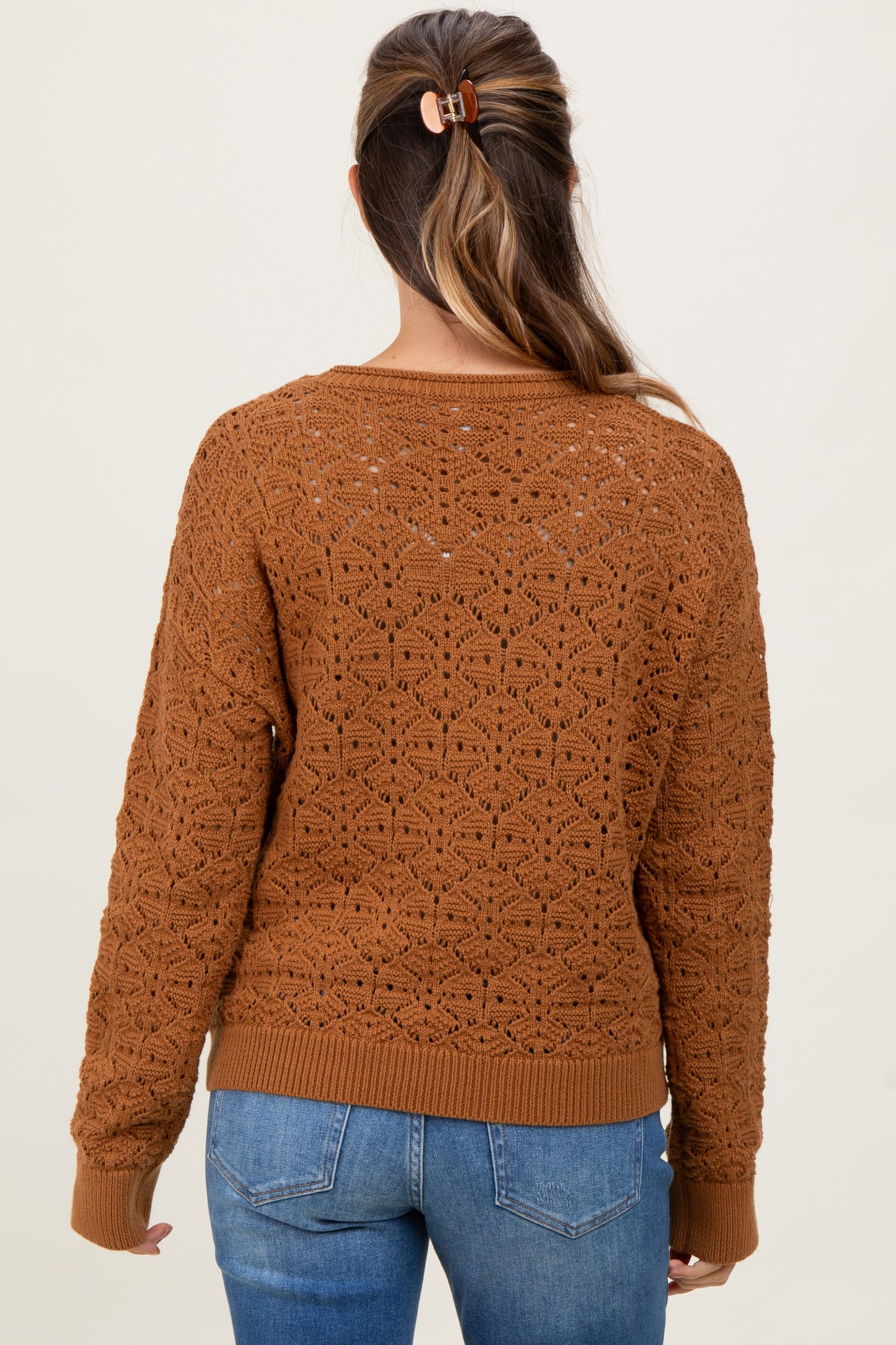 Camel Crochet Knit Drop Shoulder Maternity Sweater