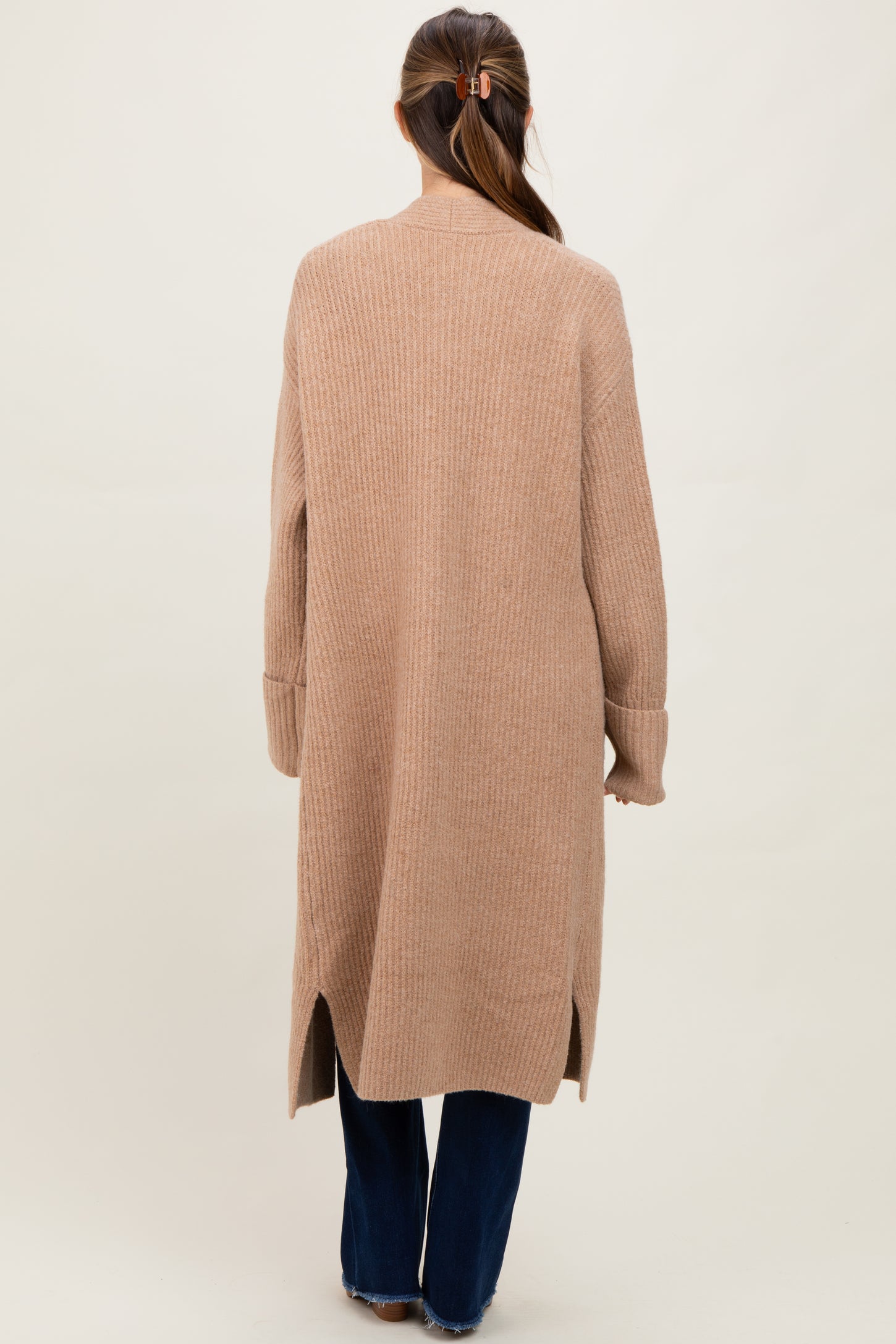 Camel Ribbed Chunky Knit Long Oversized Maternity Cardigan