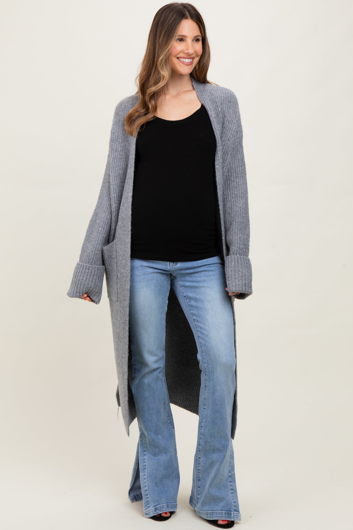 Grey Ribbed Chunky Knit Long Oversized Maternity Cardigan