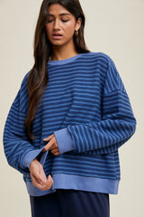 Blue Striped Knit Relaxed Fit Pullover