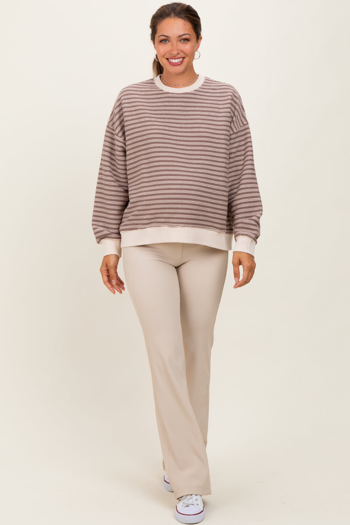 Mocha Striped Knit Relaxed Fit Maternity Pullover