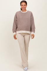 Mocha Striped Knit Relaxed Fit Maternity Pullover