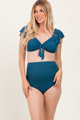 Teal Ribbed Ruffle Shoulder Front Tie High Waist Two-Piece Maternity Swimsuit