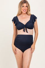 Navy Ribbed Ruffle Shoulder Front Tie High Waist Two-Piece Maternity Swimsuit