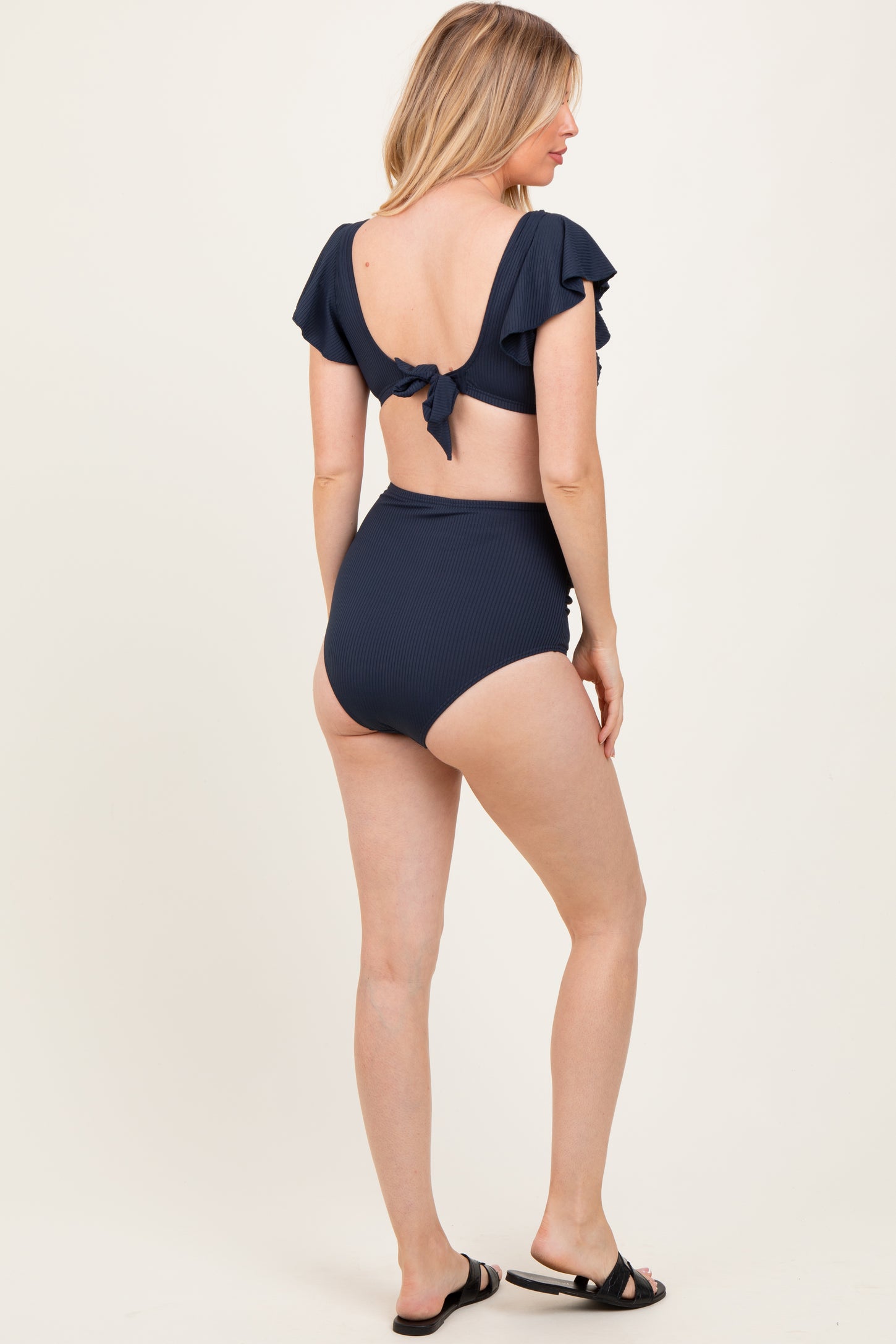 Navy Ribbed Ruffle Shoulder Front Tie High Waist Two-Piece Maternity Swimsuit