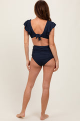 Navy Ribbed Ruffle Shoulder Front Tie High Waist Two-Piece Swimsuit