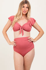 Pink Ribbed Ruffle Shoulder Front Tie High Waist Two-Piece Maternity Swimsuit