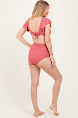 Pink Ribbed Ruffle Shoulder Front Tie High Waist Two-Piece Maternity Swimsuit