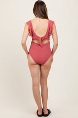 Pink Ribbed Cutout Flutter One Piece Maternity Swimsuit