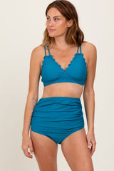 Teal Scalloped V-Neck High Waist Two-Piece Swimsuit