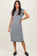 Grey Striped Knit Button Detail Midi Dress