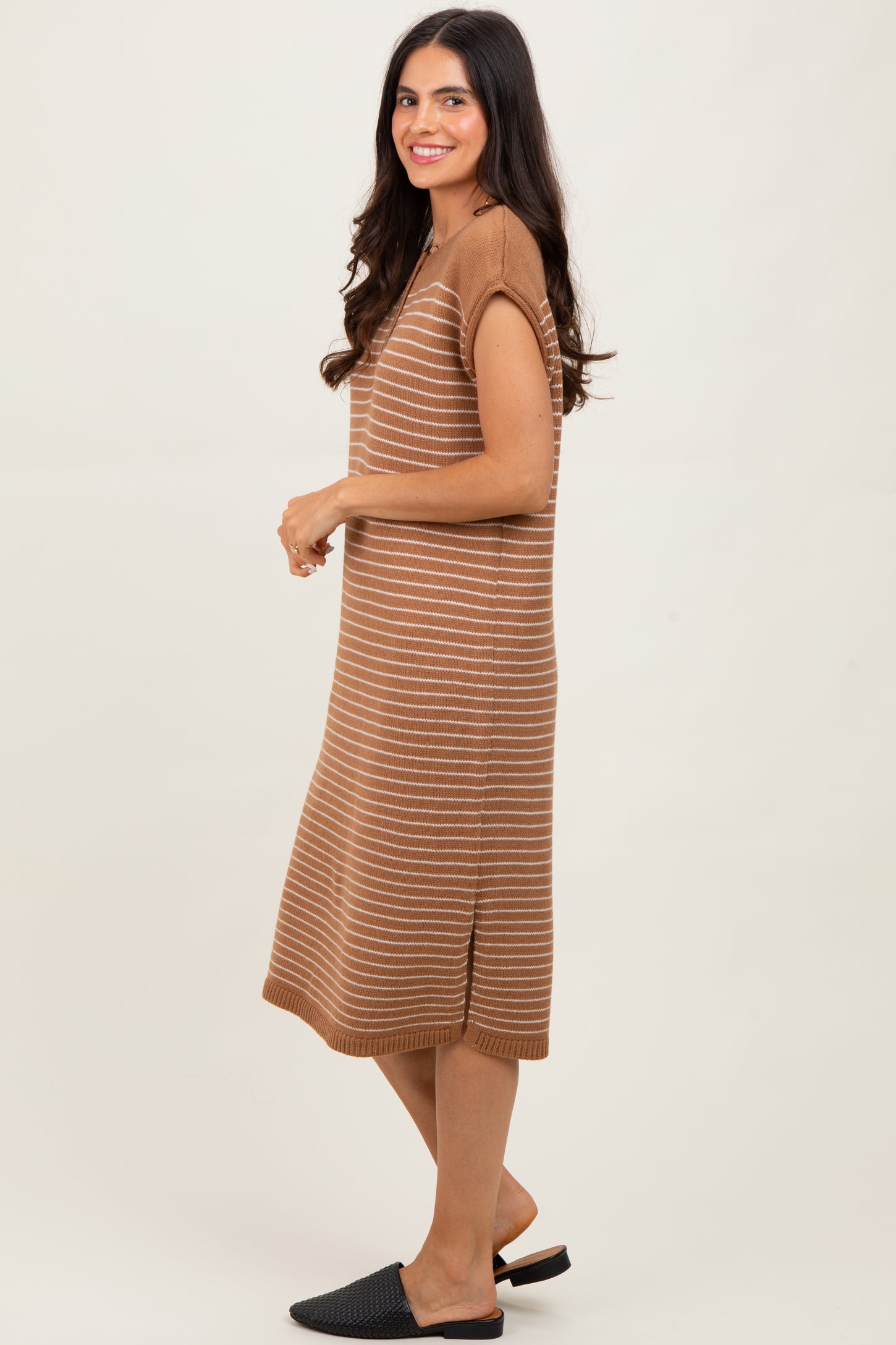 Mocha Striped Knit Button Detail Midi Dress