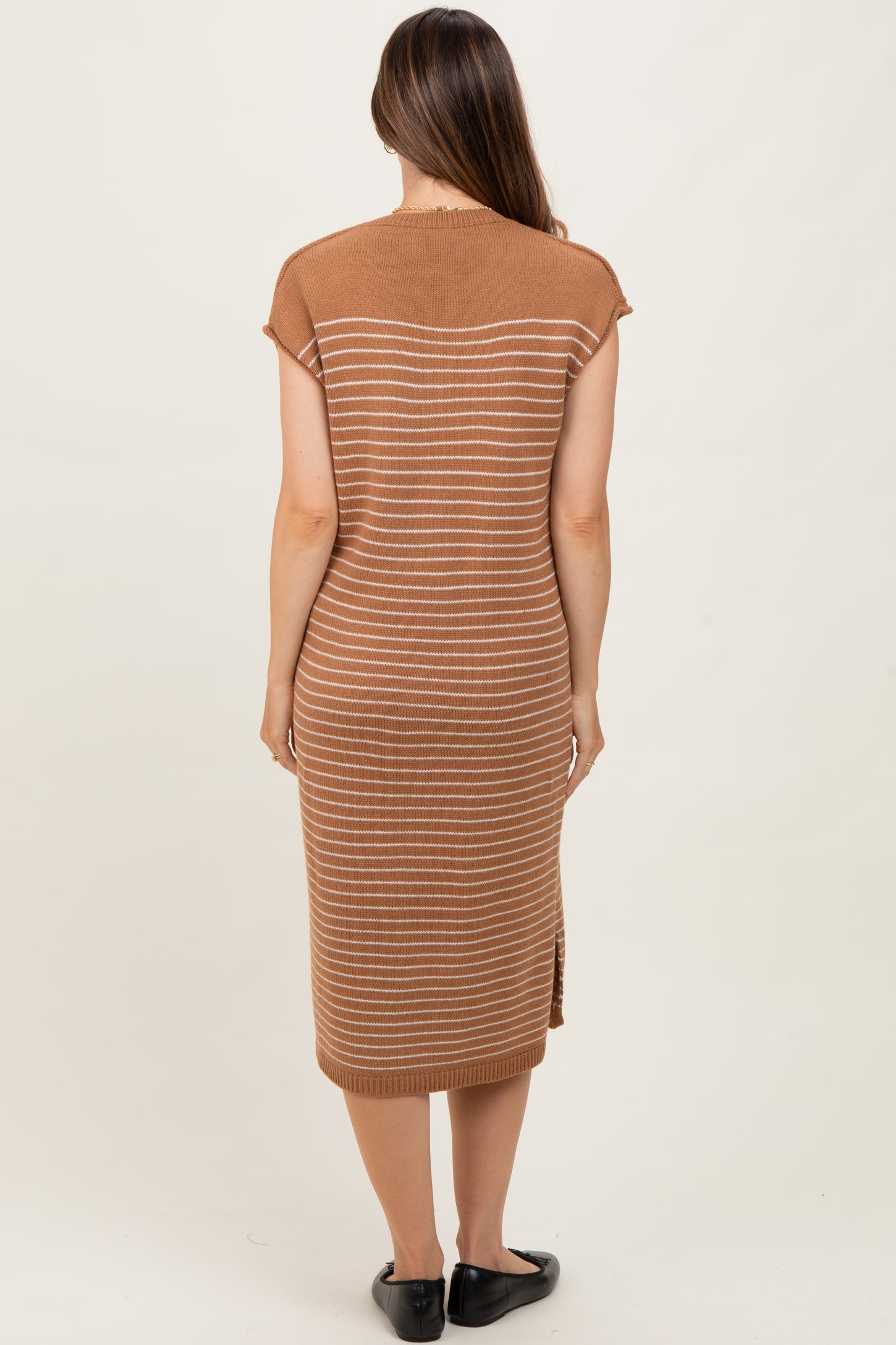 Mocha Striped Knit Button Detail Maternity Midi Dress
