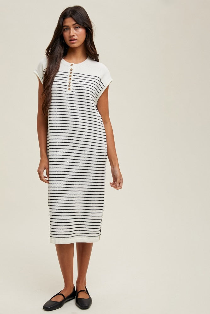 White Striped Knit Button Detail Maternity Midi Dress