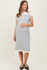 White Striped Knit Button Detail Maternity Midi Dress