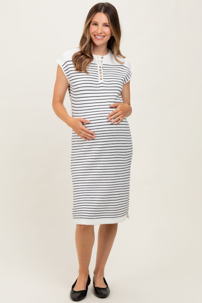 White Striped Knit Button Detail Maternity Midi Dress